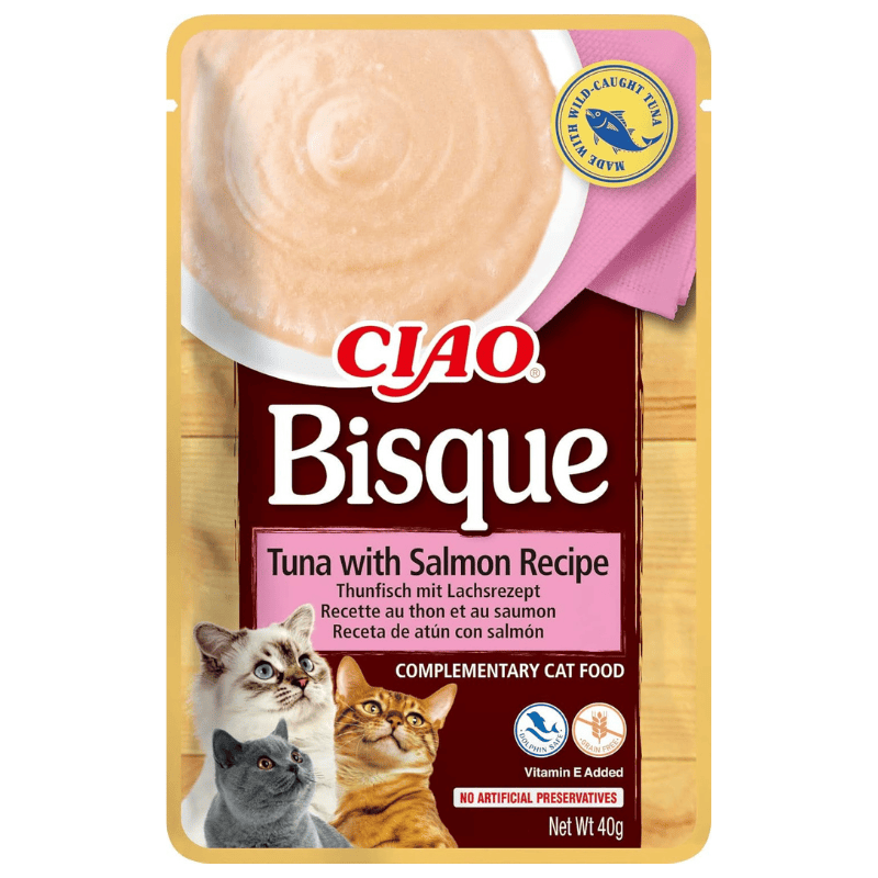 CIAO CHURU Bisque Cat Food Piure Fin de Ton si Somon 40 g | Hrana Complementara Umeda pentru Pisici | Delicioasa si Sanatoasa, Fara Cereale, Topping Palatabil