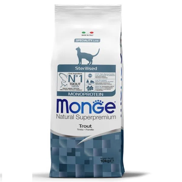 MONGE Natural Superpremium Cat Adult Sterelised, cu Pastrav, Hrana Uscata Monoproteica Pentru Pisici Adulte Sterliizate, 10kg