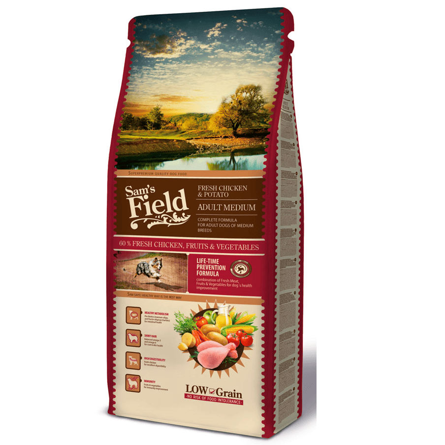SAM'S FIELD Fresh Chicken & Potato Adult Medium 13 kg | Hrana Uscata Super-Premium pentru Caini Adulti de Talie Medie | Formula Hipoalergenica cu Pui Proaspat, Cartofi, Fructe si Legume | Digestie Usoara si Imunitate Puternica