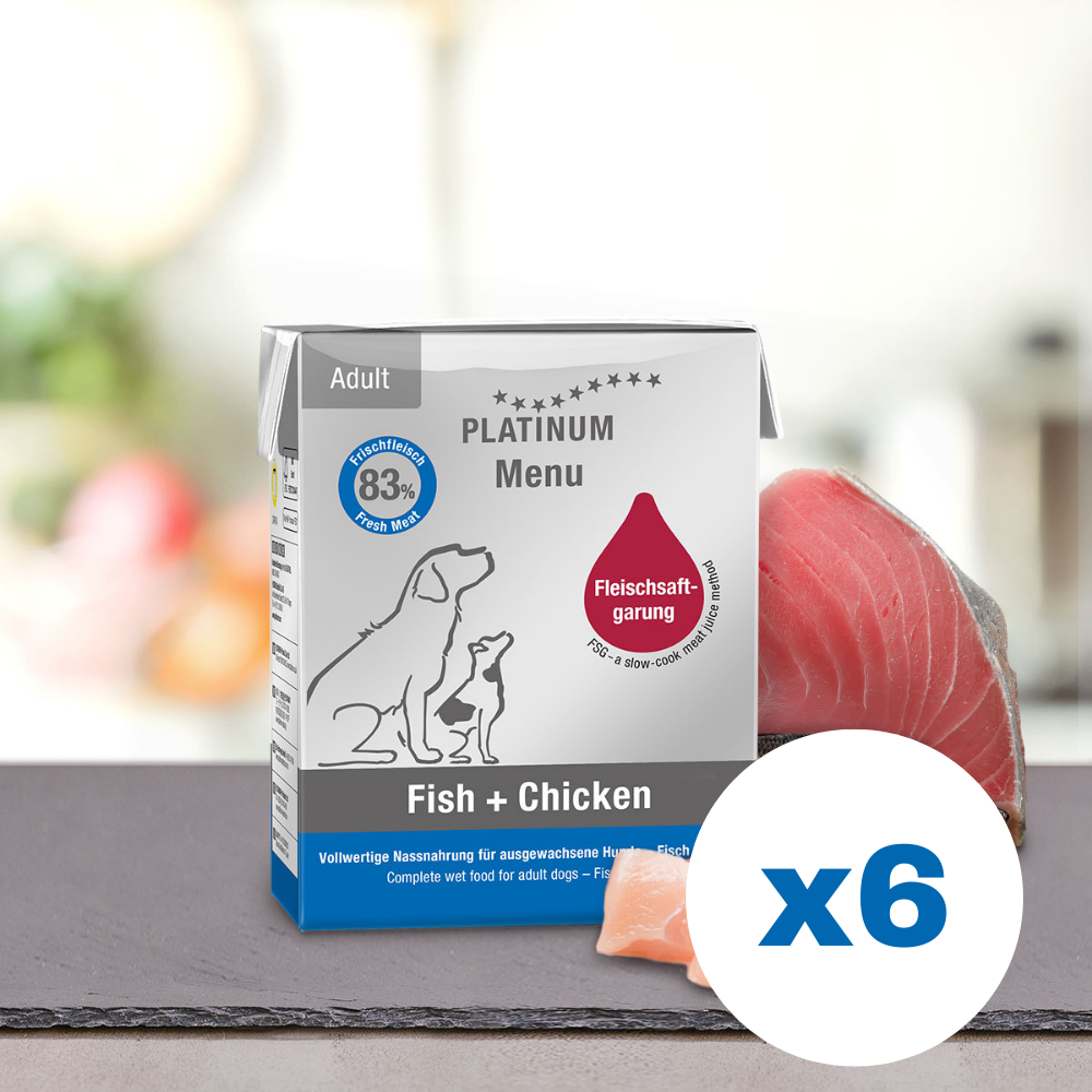PLATINUM Menu Adult, Pui si Peste, Bax Hrana Umeda Pentru Caini 6x375g