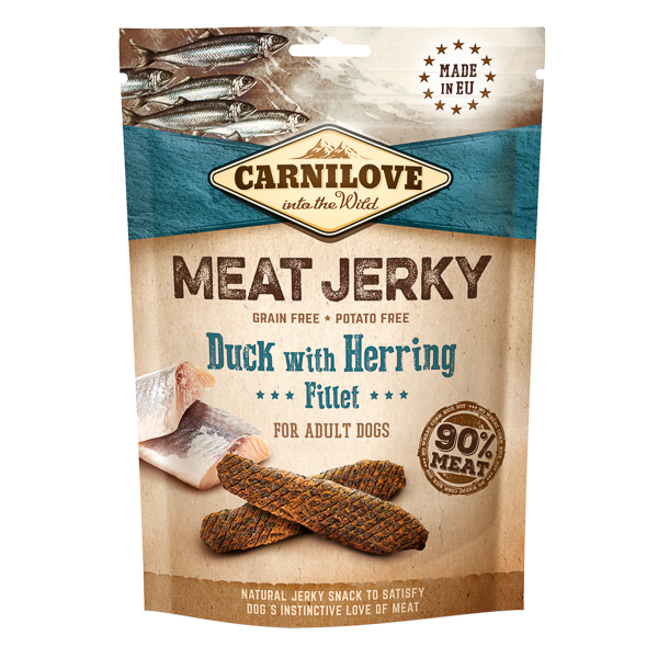 CARNILOVE Jerky Duck with Herring Fillet 100 g – Recompense Naturale Fara Cereale pentru Caini, cu Carne de Rata si File de Sprot, Gust Premium