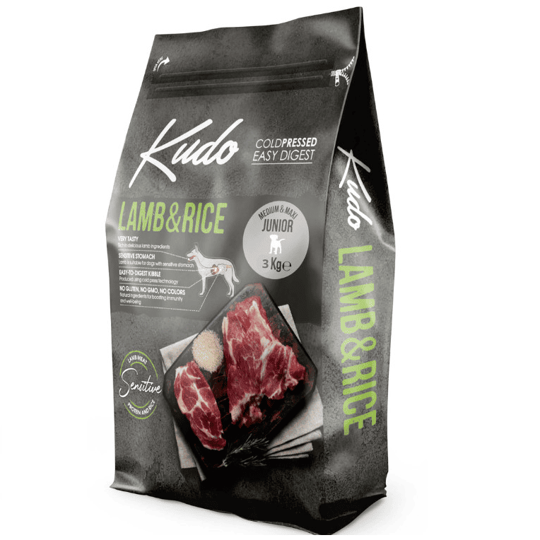 KUDO Junior Medium-Maxi cu Miel si Orez 3 kg | Hrana Uscata Presata la Rece pentru Caini Juniori de Talie Medie si Mare | Crestere Armonioasa si Digestie Usoara