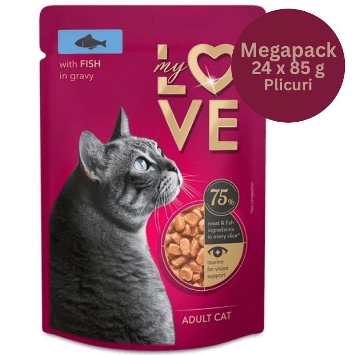 MY LOVE CAT Megapack Hrană Umedă pentru Pisici Adulte cu Peste, 24x85 g | Bucățele în Sos