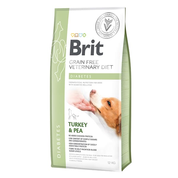 BRIT VET DIETS Dog Grain Free Diabetes cu Curcan și Mazăre 12kg | Hrană Uscată Dietetică pentru Câini cu Diabet | Suport pentru Reglarea Aportului de Glucoză