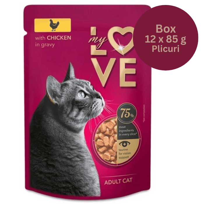 MY LOVE CAT Box Hrană Umedă pentru Pisici Adulte cu Pui, 12x85 g | Bucățele în Sos