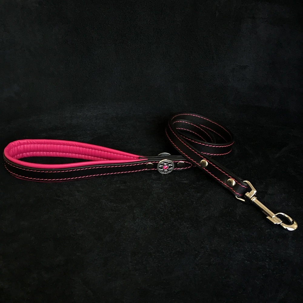 BESTIA DOG GEAR Bijou, Lesa din Piele Pentru Caini, Neagra cu Roz, 110cm | 2cm