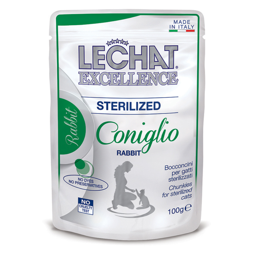 LeChat Excellence Sterelised, cu Iepure – Plic Hrană Umedă pentru Pisici Adulte Sterilizate, (bucățele în sos), 100 g