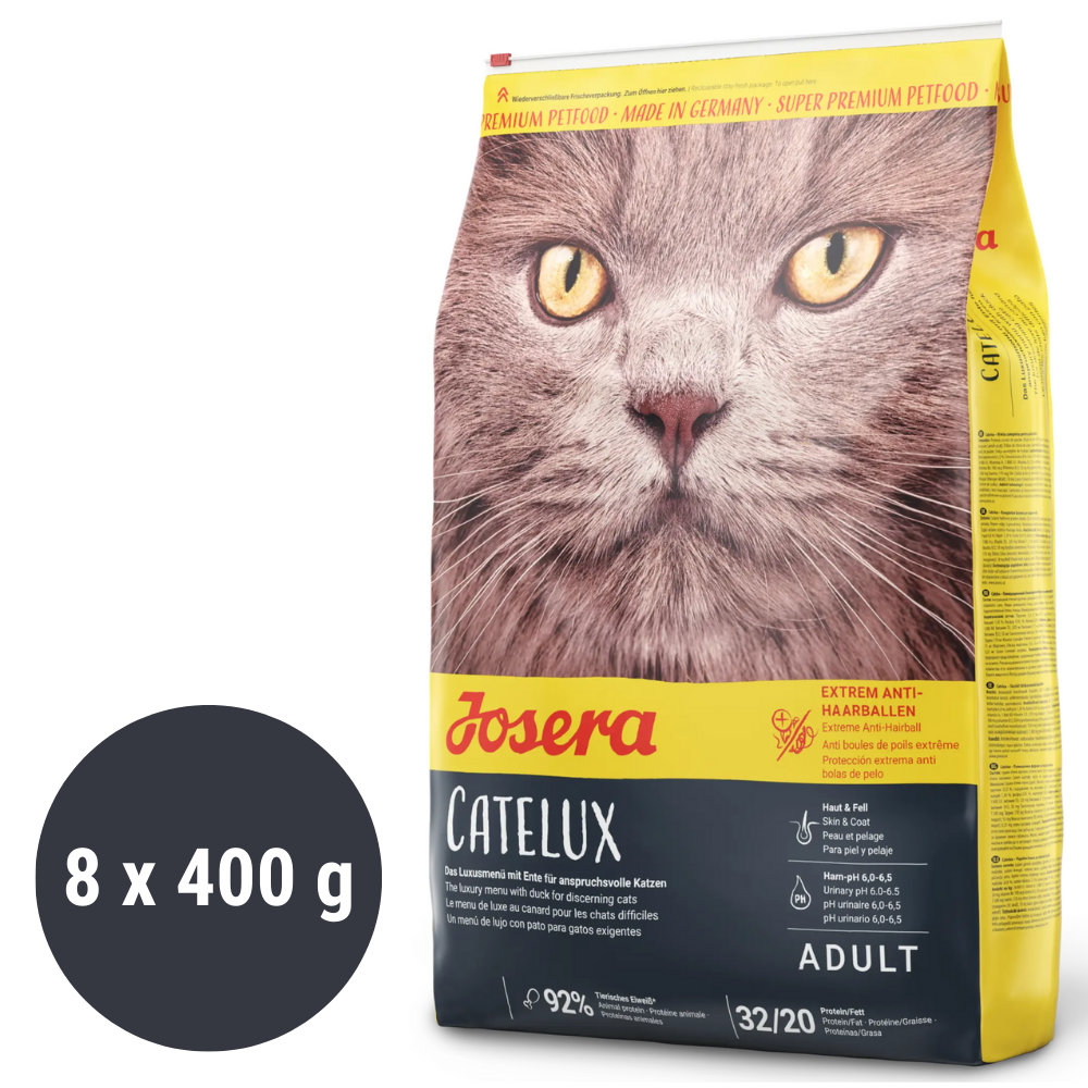 JOSERA Catelux cu Rata si Cartofi, 8x400 g – Hrană Uscată Premium pentru Pisici Adulte, Digestie Ușoară și Reducerea Formarii Ghemelor de Păr
