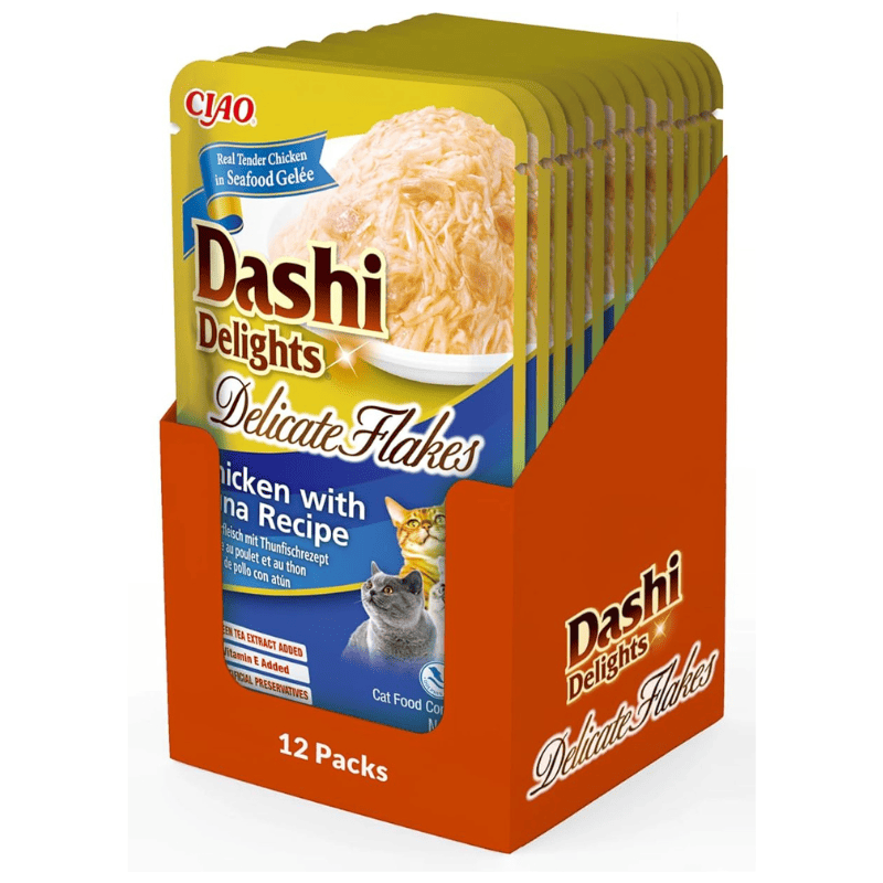 CIAO Dashi Delights Delicate Flakes Pui cu Ton Box 12x40 g | Hrana Umeda Complementara pentru Pisici | Bucatele Fine, Nutritive, Sanatoase, Delicioase si Fara Cereale