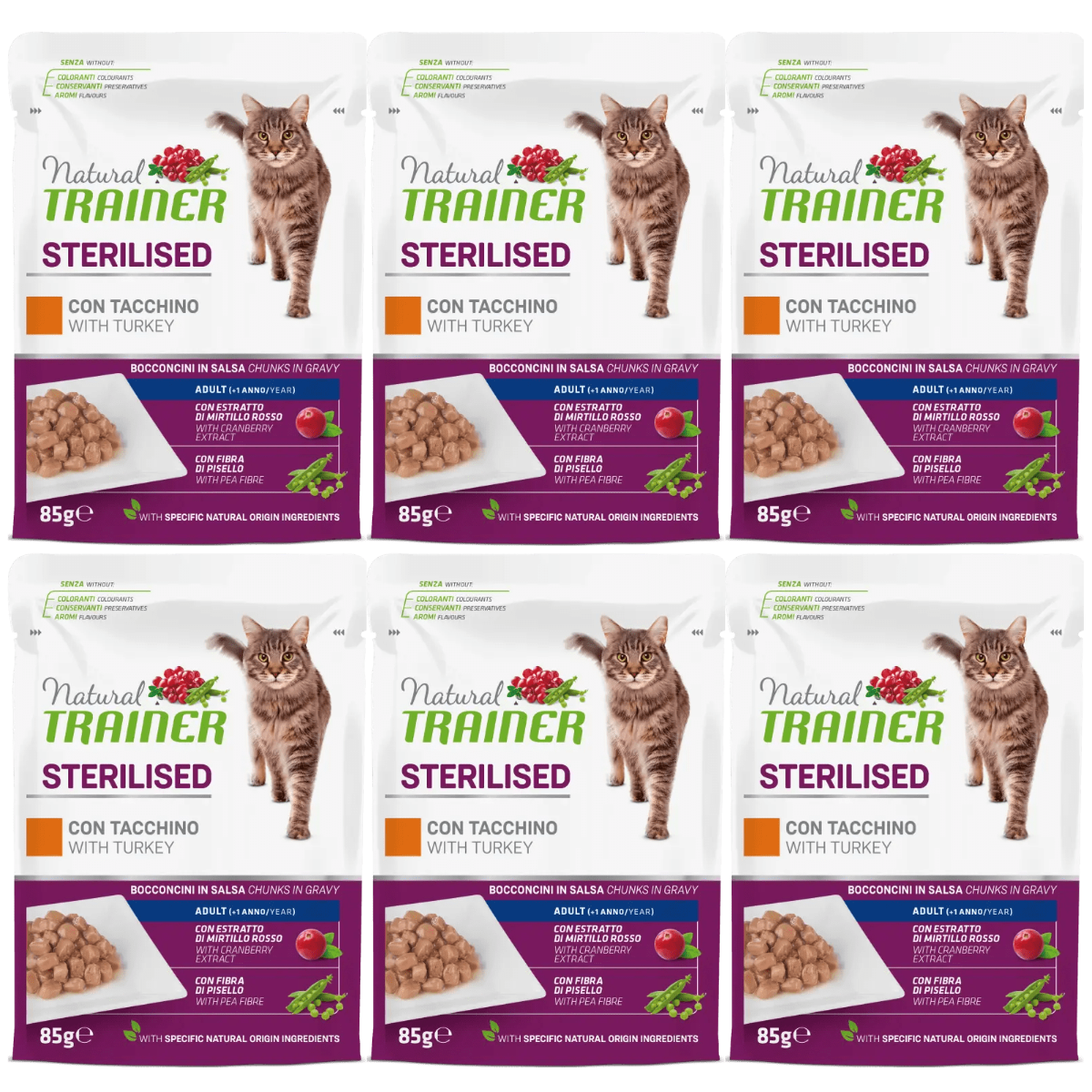 NATURAL TRAINER Cat Sterelised, cu Curcan, Set Plicuri Hrana Umeda Pisici Sterilizate, 6x85g