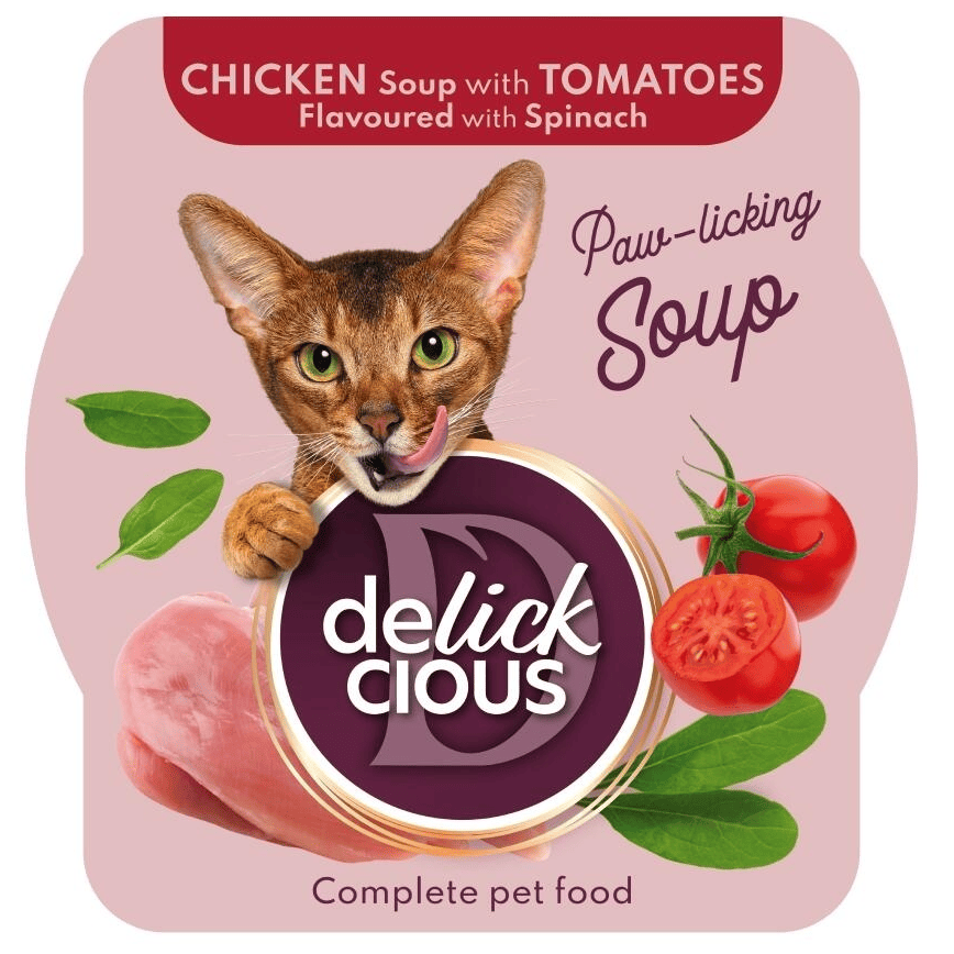 DELICKCIOUS Cat Supă de Pui cu Roșii și Spanac 80 g | Hrană Umedă Completa pentru Pisici Adulte