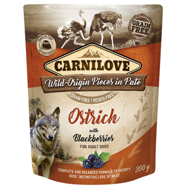 CARNILOVE Dog Pouch Pate Struț cu Mure 300 g – Hrană Umedă Fără Cereale pentru Câini, Proteine Exotice și Antioxidanți Naturali