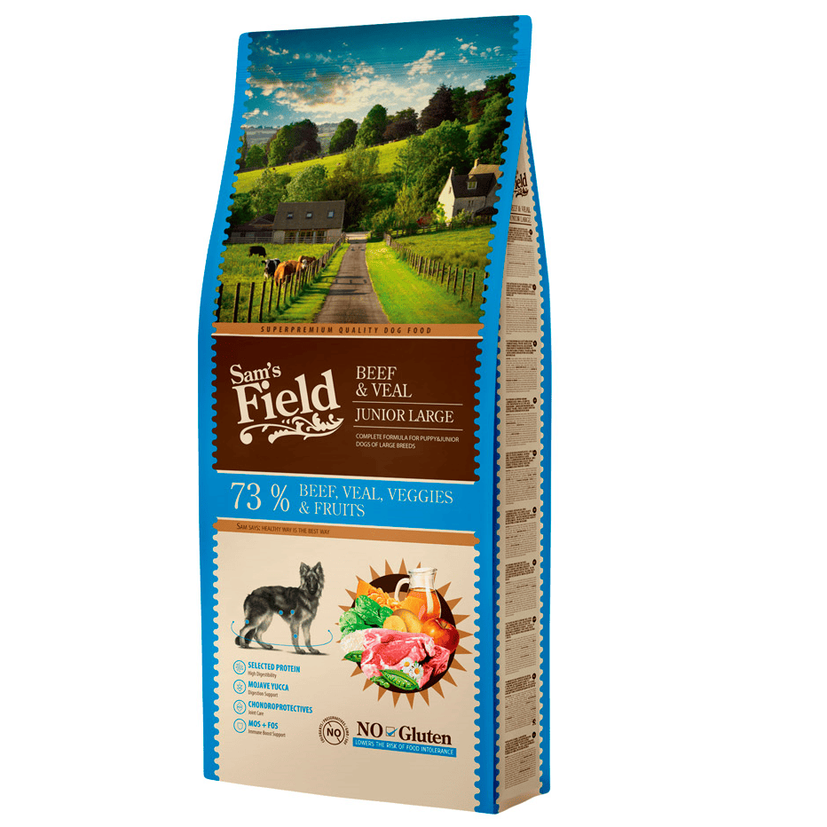 SAM'S FIELD Junior Beef & Veal 13 kg | Hrana Uscata Super-Premium pentru Catei | Formula Fara Gluten cu Vita si Vitel | Crestere Sanatoasa, Digestie Usoara si Articulatii Puternice