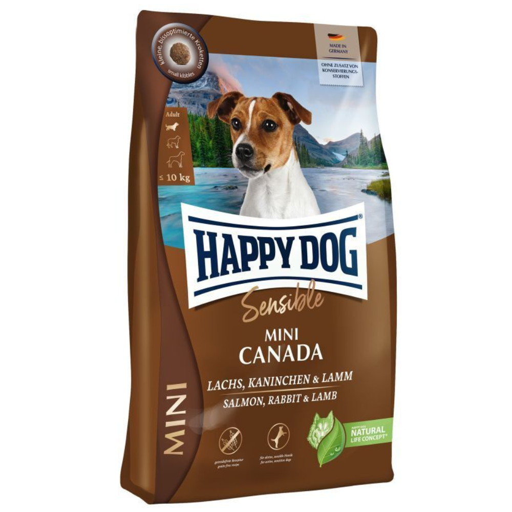 HAPPY DOG Mini Sensible Canada, cu Somon, Iepure si Miel – Hrană Uscata Fără Cereale pentru Câini Adulți de Talie Mica Activi, 4kg
