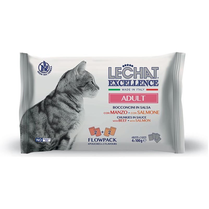 LeChat Excellence Multipack Adult, cu Vita si Somon - Set Plicuri Hrana Umeda Pisici Adulte, 4x100g