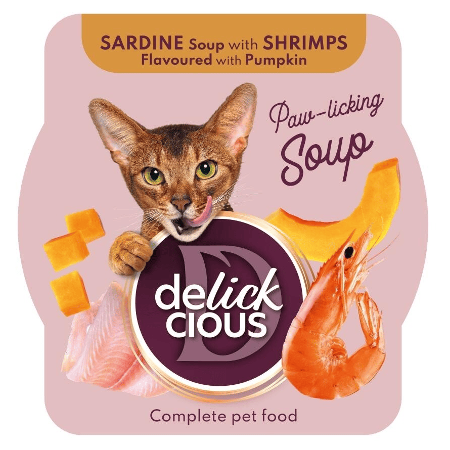 DELICKCIOUS Cat Supă cu Sardine, Creveți și Dovleac 80 g | Hrană Umedă Completa pentru Pisici Adulte