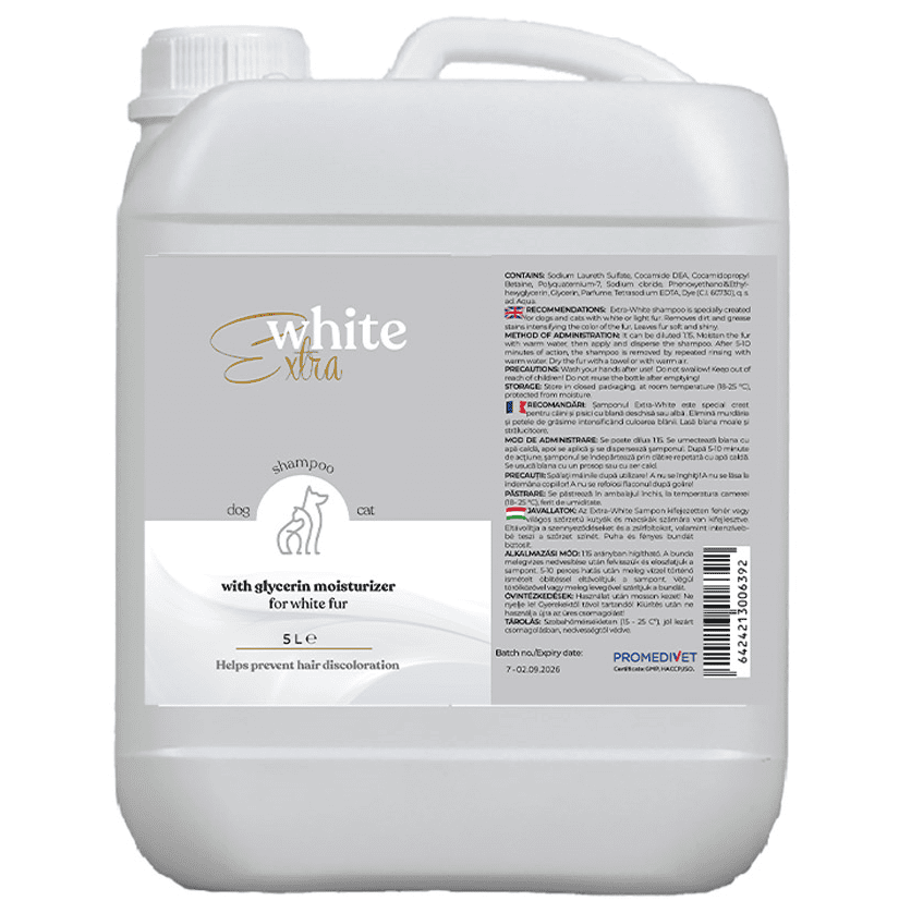 PROMEDIVET Premium Vital Sampon Extra White, 5 L - Pentru Caini si Pisici cu Blana Alba sau Deschisa la Culoare