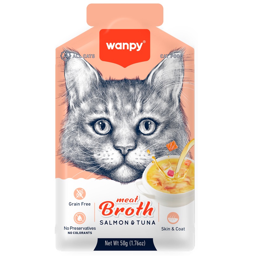 WANPY Meat Broth 50 g – Supă Fără Cereale cu Ton si Somon pentru Pisici, cu Taurină și Ulei de Somon
