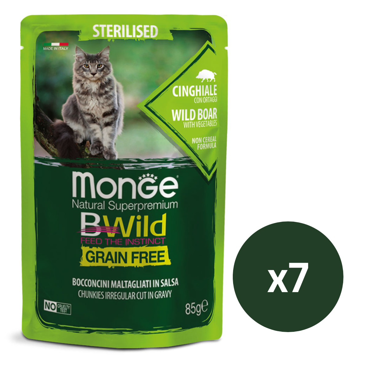 MONGE Natural BWild Sterilized Cat, cu Mistret, Set Plicuri Hrana Umeda, Fara Cereale, Pentru Pisici Sterilizate (bucati carne in sos), 7x85g