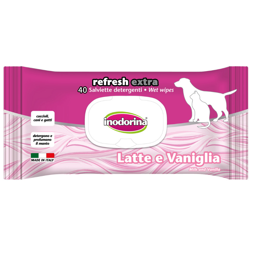 INODORINA Refresh Extra, Servetele Umede Pentru Caini si Pisici, Parfum de Vanilie, 40buc
