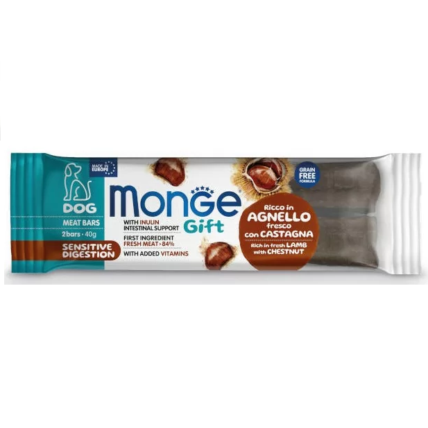 MONGE Gift Sensitive Digestion, cu Miel si Castane, Recompense Pentru Caini cu Sensibilitate Digestiva, 2 Batoane, 40g