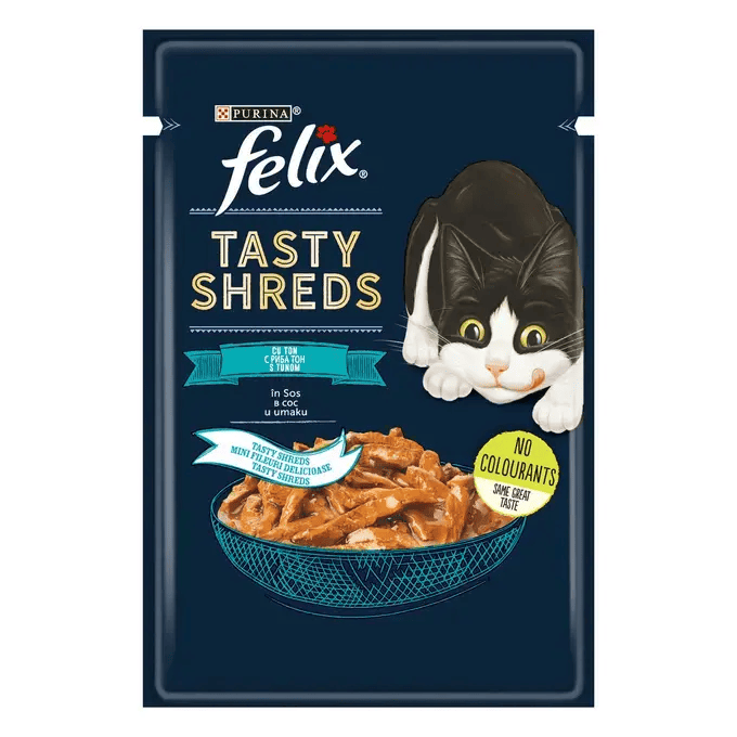 FELIX Tasty Shreds, Ton în sos, Hrană umedă completă pentru pisici adulte (fâșii delicate), 80 g