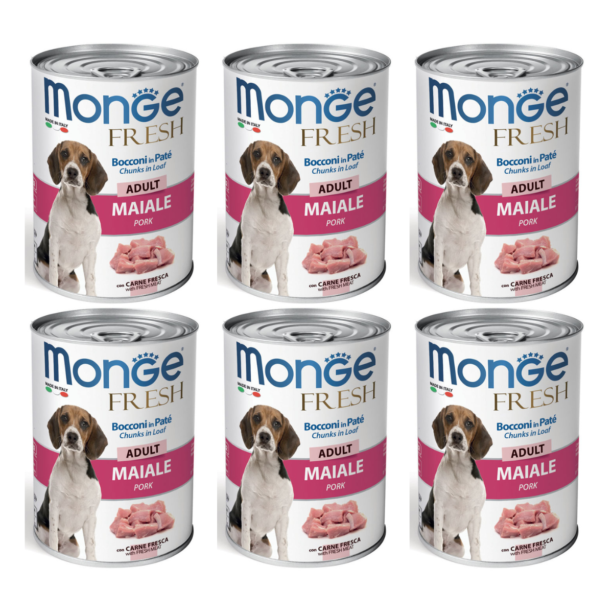 MONGE Fresh, cu Porc si Vegetale, Set Conserve Hrana Umeda Pentru Caini (pateu cu bucatele de carne), 6x400g