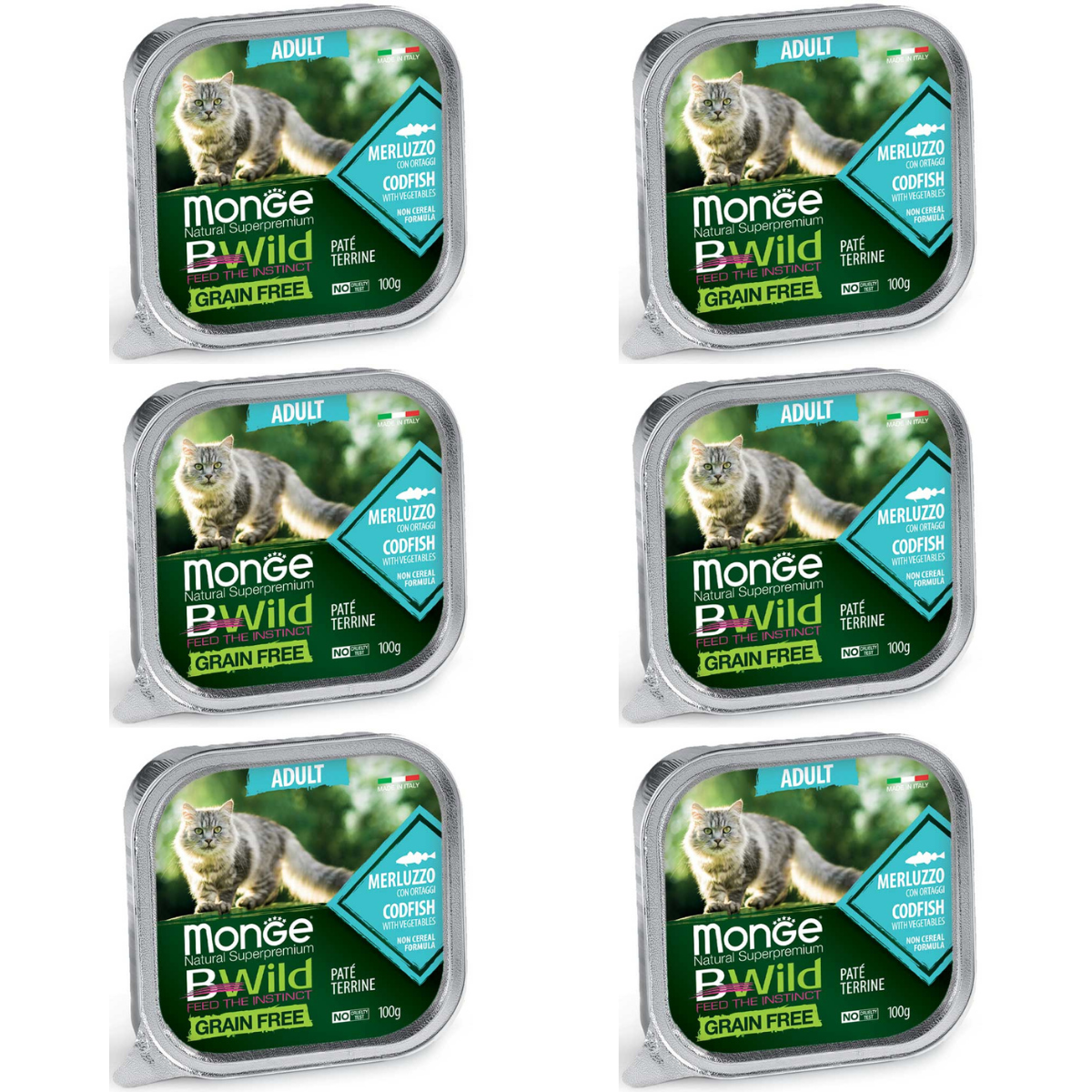 MONGE Natural BWild Adult Cat, cu Cod, Set Conserve Hrana Umeda Pentru Pisici (pateu fin), 6x100g