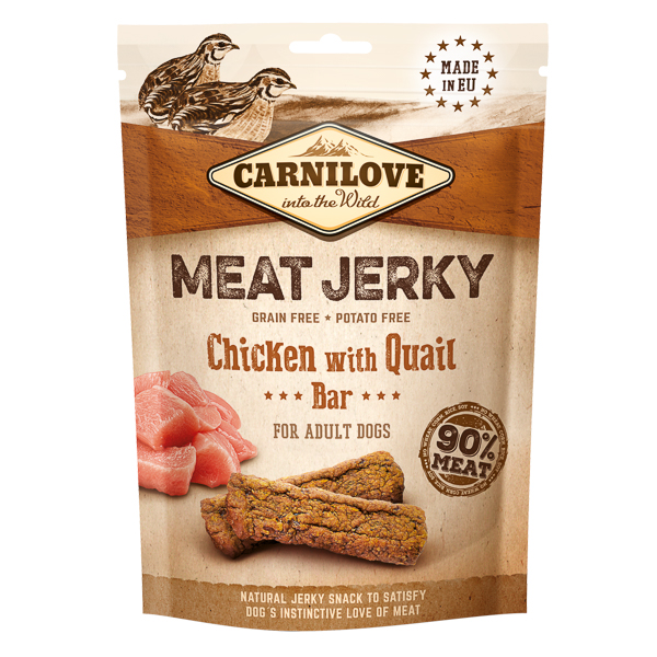 CARNILOVE Jerky Chicken with Quail Bar 100 g – Recompense Naturale Fara Cereale pentru Caini, cu Carne de Pui si Prepelita, Gust Premium
