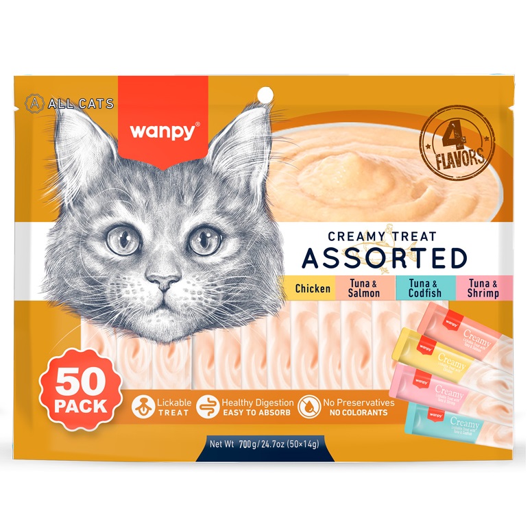 WANPY Creamy Lickable Cat Treats Assorted, cu Pui, Ton, Somon, Cod, Creveti, plicuri 50x14 g – Recompensa Cremoasa Superpremium pentru Pisici, Naturala si Usor Digerabila
