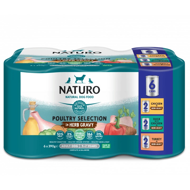 NATURO Adult Dog Poultry Selection Grain & Gluten Free cu Pui, Rata si Curcan 6x390 g | Hrana Umeda Completa fara Cereale 100% Naturala pentru Caini Adulti