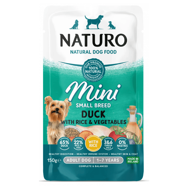 NATURO Adult Mini Dog cu Rata, Orez si Legume 150 g | Hrana Umeda Completa 100% Naturala pentru Caini Adulti de Talie Mica