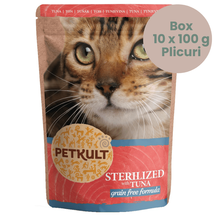 PETKULT Sterilised cu Ton, 10x100 g | Box Plicuri Hrana Umeda fara Cereale pentru Pisici Sterilizate