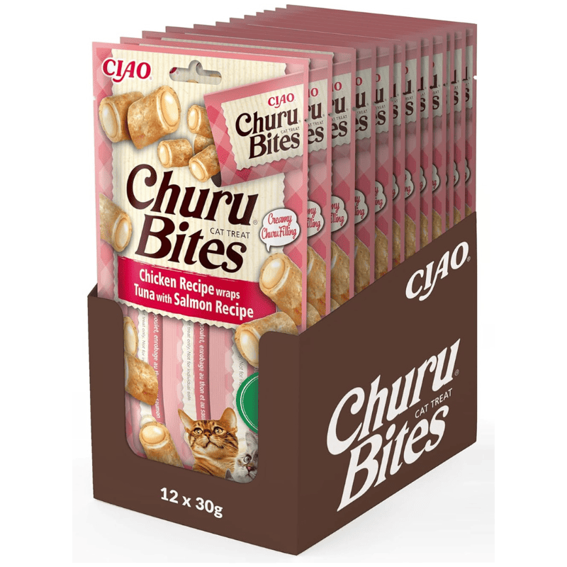 INABA Churu Bites Tuna & Salmon Recipe Box 12x(3x10 g) | Recompense fara Cereale pentru Pisici | Pui, Ton si Somon | Textura Moale cu Interior Cremos