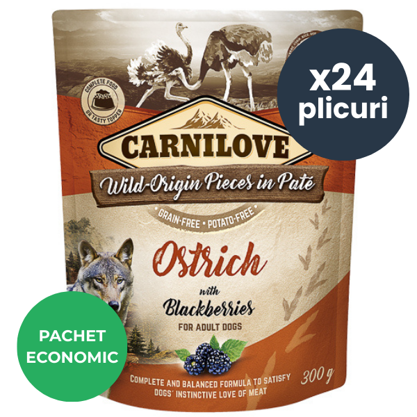 CARNILOVE Dog Pouch Pate Struț cu Mure Set 24x300 g – Hrană Umedă Fără Cereale pentru Câini, Proteine Exotice și Antioxidanți Naturali
