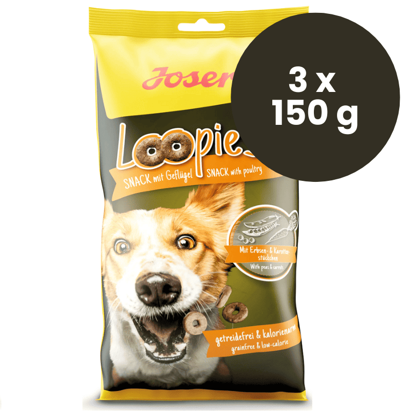 JOSERA Loopies with Poultry 3x150 g | Recompense Premium Fara Cereale pentru Caini | Cu Proteina Uscata din Pasare 30% | Gust Crocant si Portionare Controlata