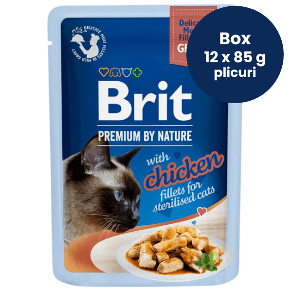 BRIT PREMIUM DELICATE Sterilised Cat cu Pui Box 12x85 g | Plicuri Hrana Umeda Pisici Sterilizate (file carne in sos)