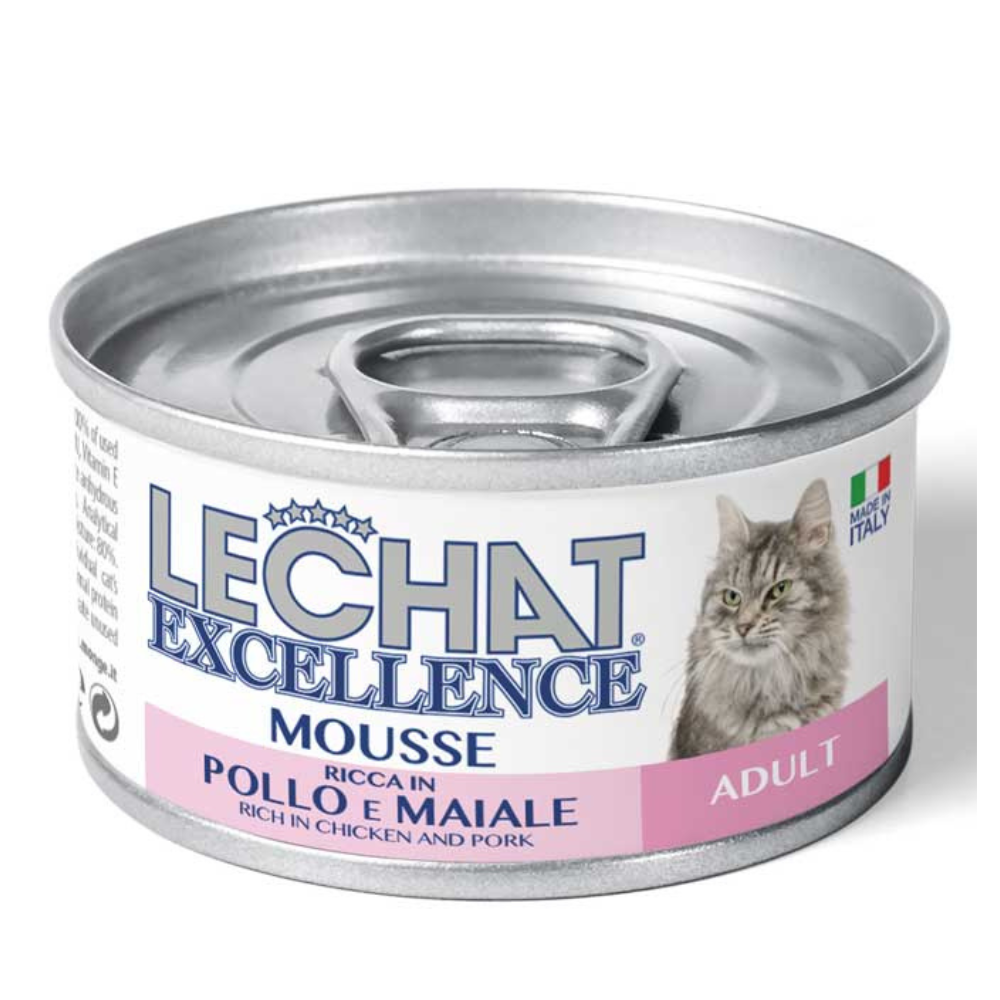 LeChat Excellence Mousse Adult, cu Pui și Porc - Conserva Hrana Umeda pentru Pisici Adulte, (mousse delicat), 85 g