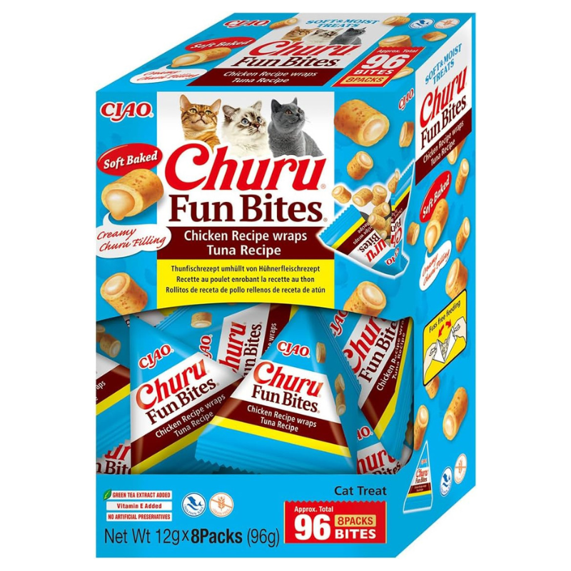 INABA Churu Fun Bites Chicken wraps Tuna Recipe 8x12 g | Recompense pentru Pisici cu Pui si Ton | Exterior Fraged si Umplutura Cremoasa