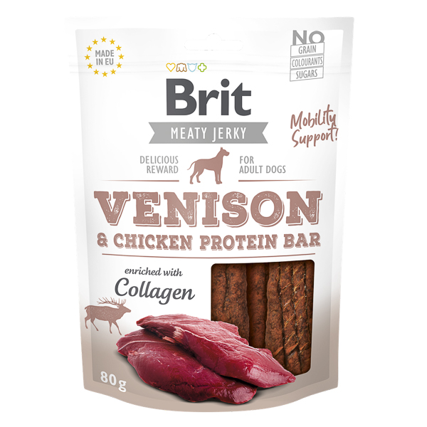 BRIT Jerky Venison Protein Bar 80 g – Recompense Naturale Fara Cereale pentru Caini, cu Carne de Vanat, Gust Autentic si Proteine de Calitate