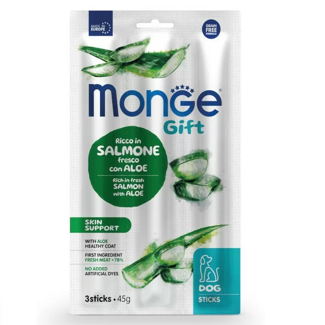 MONGE Gift Skin Support, cu Somon si Aloe Vera, Recompense Caini Pentru o Piele Sanatoasa si Blana Stralucitoare, folie x3Stick, 45g
