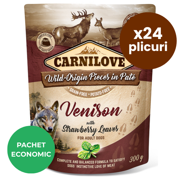 CARNILOVE Dog Pouch Pate Vânat cu Frunze de Căpșun Set 24x300 g – Hrană Umedă Fără Cereale pentru Câini, Proteine Sălbatice și Antioxidanți Naturali