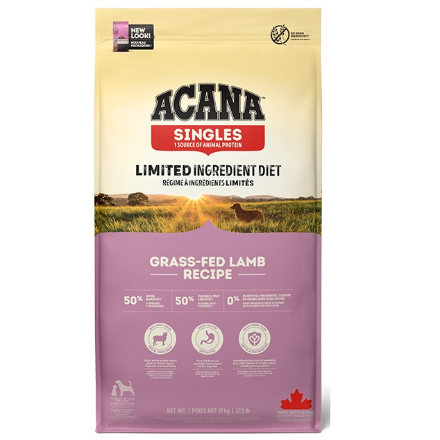ACANA Singles Grass-Fed Lamb, cu Miel si Mere, Hrana Uscata Monoproteica Fara Cereale Pentru Caini, 17kg