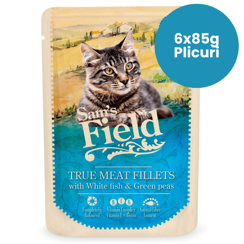 SAM'S FIELD Cat Pouch White Fish & Peas Multipack 6x85 g | Hrana Umeda Superpremium pentru Pisici Adulte | Fileuri de Peste Alb si Mazare | Reteta Naturala Bogata in Proteine