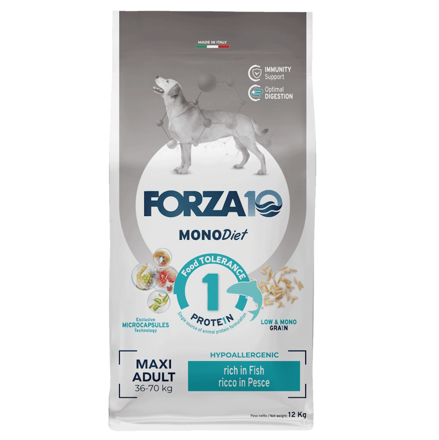 FORZA10 Mono Diet Hypoallergenic Maxi Adult, cu Peste Oceanic, 12 kg - Hrana Uscata Monoproteica Pentru Cainii Adulti de Talie Mare Predispusi la Alergii sau Intolerante Alimentare