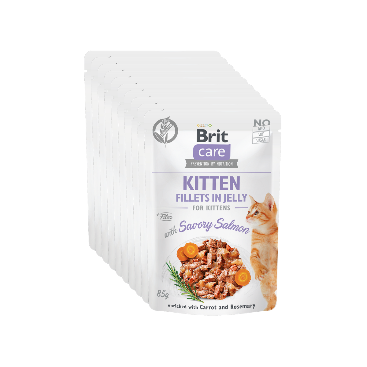 BRIT CARE Kitten Fillets in Jelly, cu Somon, Set Plicuri Hrana Umeda, Fara Cereale,  Pisici Junior (file in aspic) 12x85g