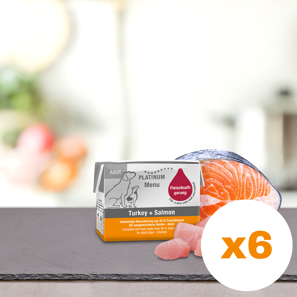 PLATINUM Menu Adult, Curcan si Somon, Bax Hrana Umeda Pentru Caini 6x90g