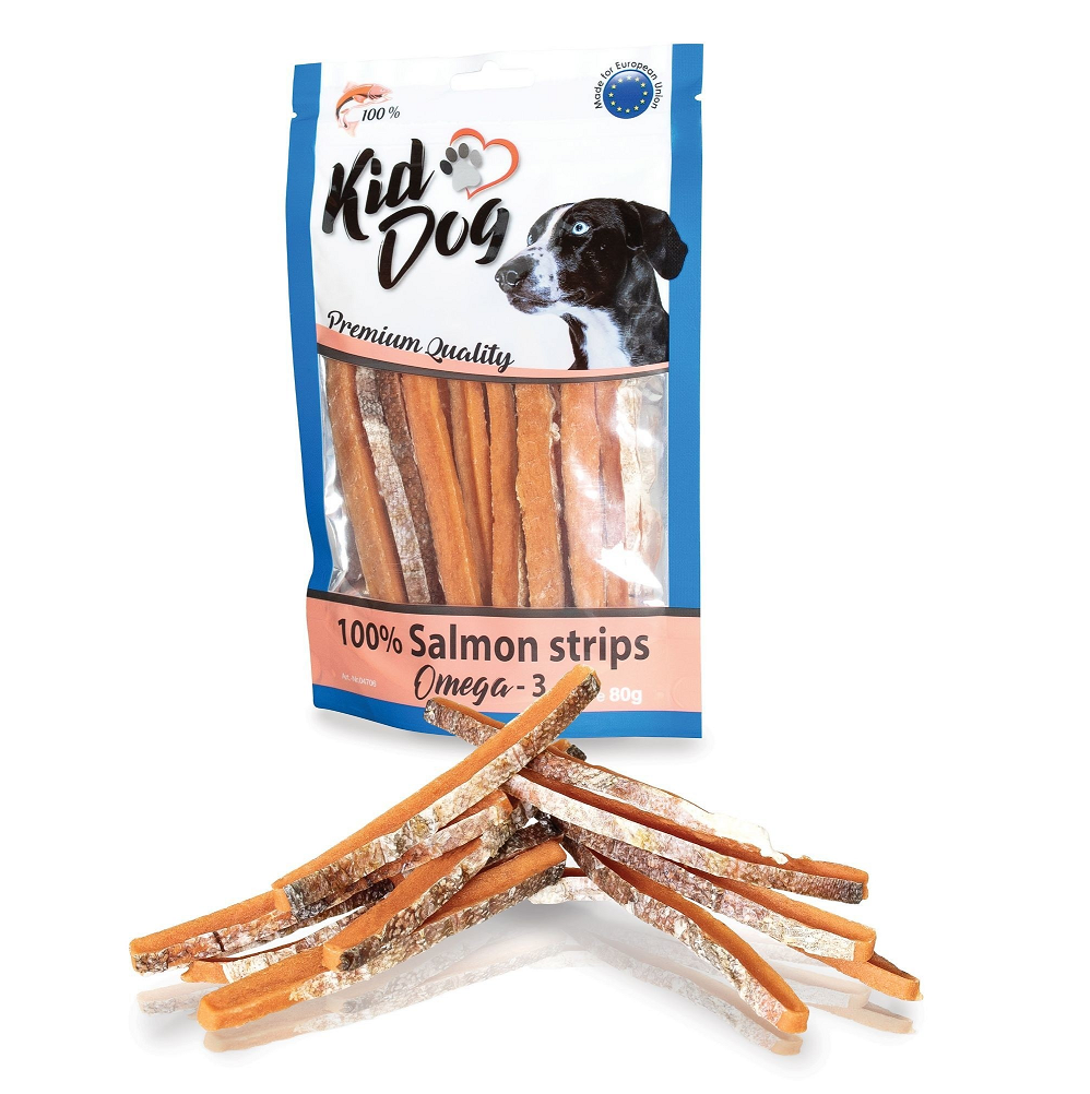 KIDDOG Fisii de Somon pentru Câini, 80g – Recompense Naturale cu 87% Carne