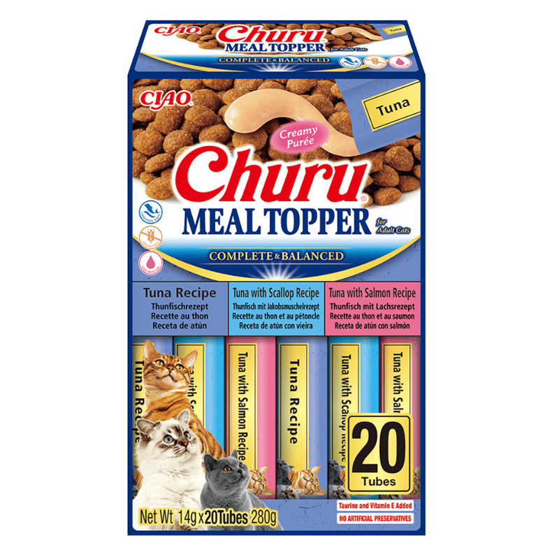 INABA CIAO Churu Meal Topper Tuna Variety 20x14 g | Topping Cremos Fara Cereale pentru Pisici | Ton, Scoici si Somon | Hidratare si Gust Intens