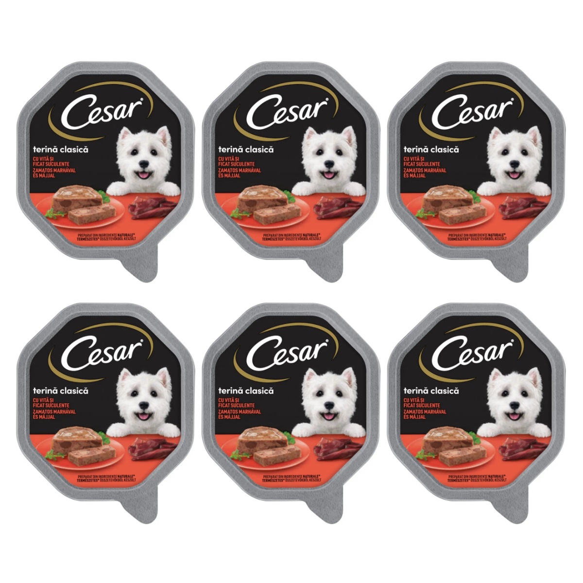 CESAR Terina Clasica cu Vita si Ficat, Set Conserve Hrana Umeda Pentru Caini, 6x150g